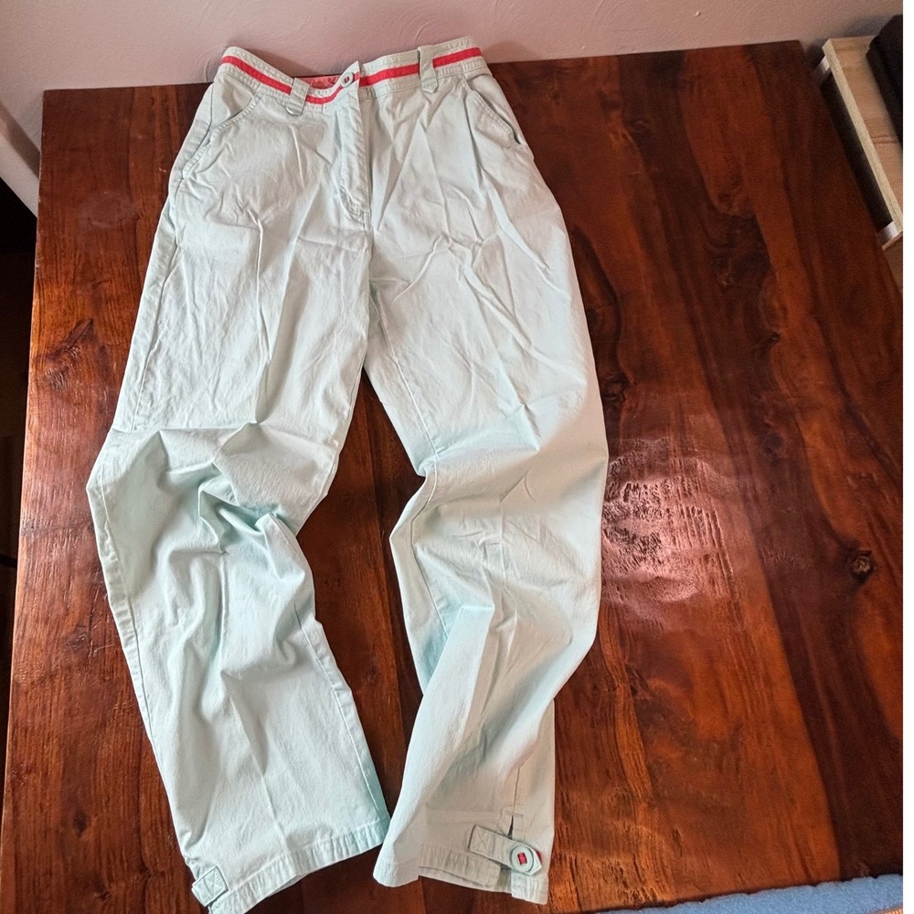 LL Bean Vintage Women Aqua Blue Chino Pants Coral Trim Button Hem Size 8 Reg